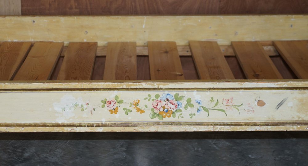 Antique French Hand Painted Bed Frame in Oak Pine Slats for sale at Pamono