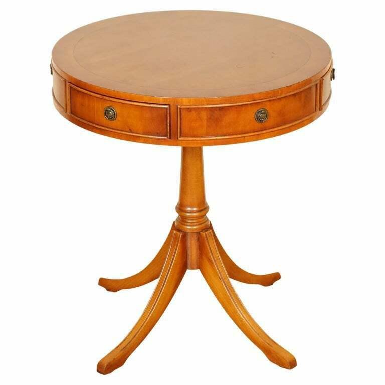Drum Side Table in Yew Wood with Three Drawers for sale at Pamono
