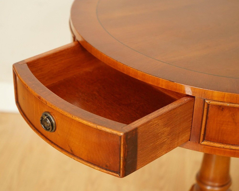 Drum Side Table in Yew Wood with Three Drawers for sale at Pamono