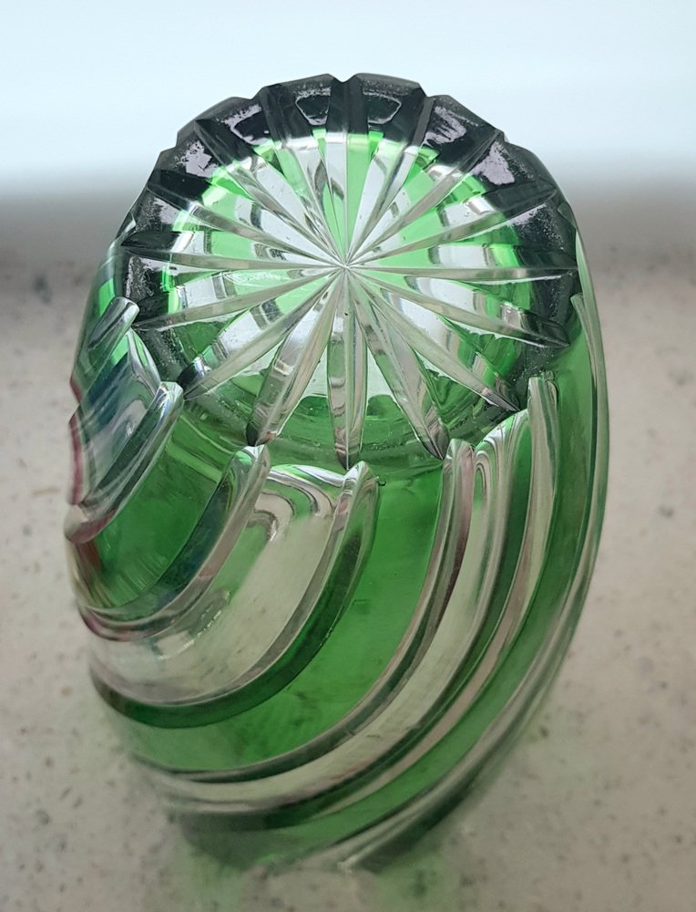 Antique Green Clear Crystal Cut Glass Vase by Joh. Oertel for sale at Pamono