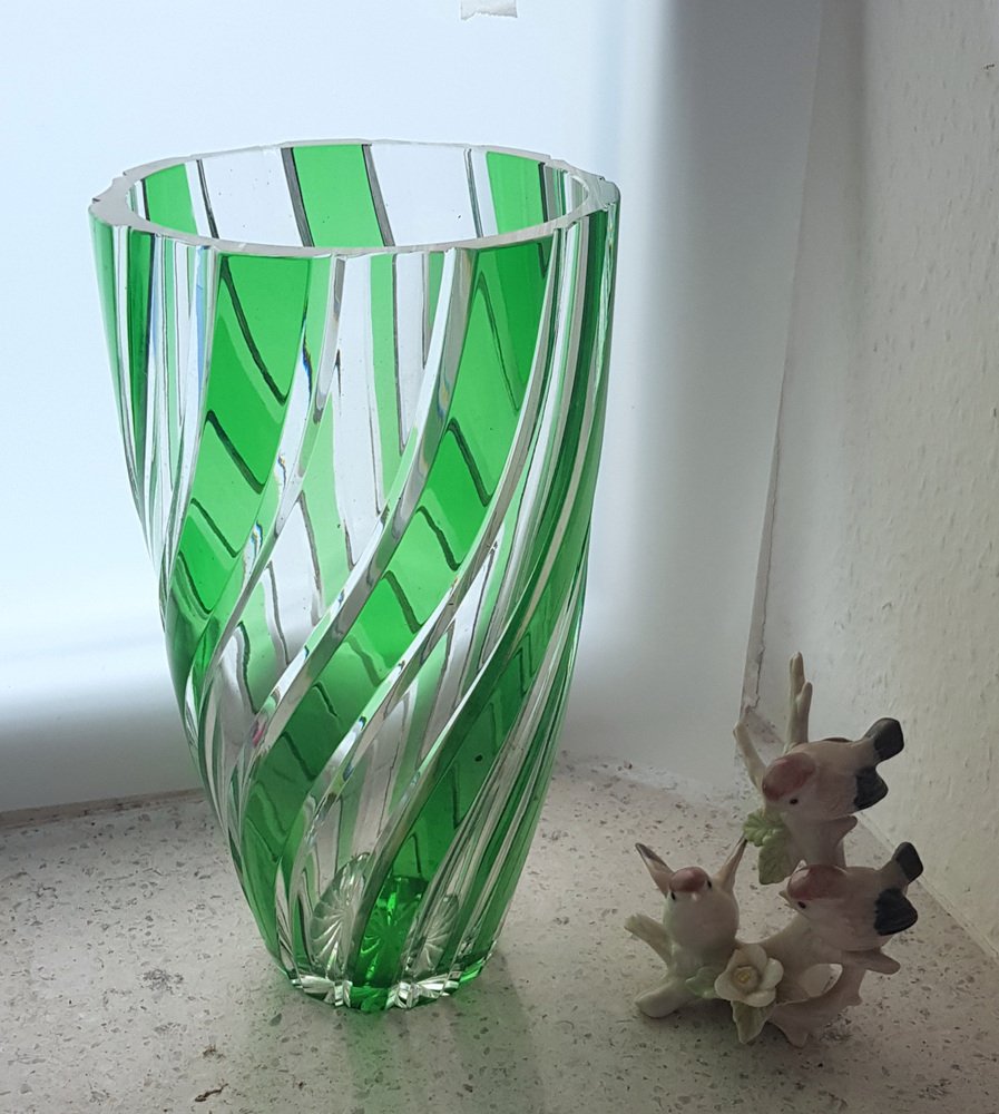Antique Green Clear Crystal Cut Glass Vase by Joh. Oertel for sale at Pamono