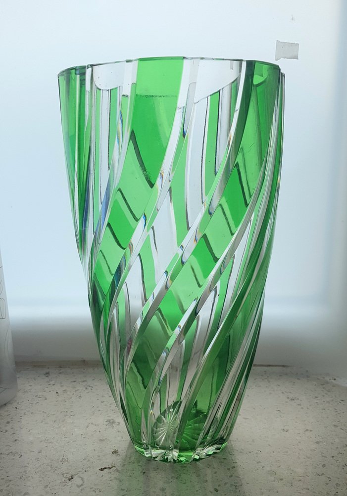 Antique Green Clear Crystal Cut Glass Vase by Joh. Oertel for sale at Pamono