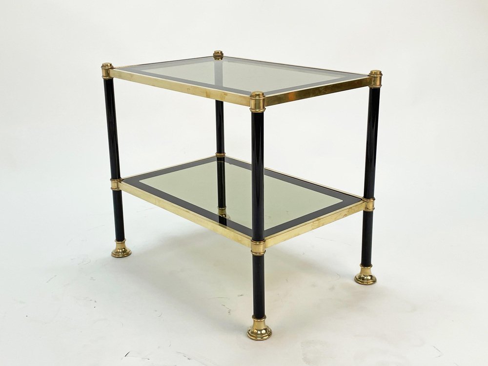 MidCentury Brass and Black Metal Rectangular Coffee Table with Smoked
