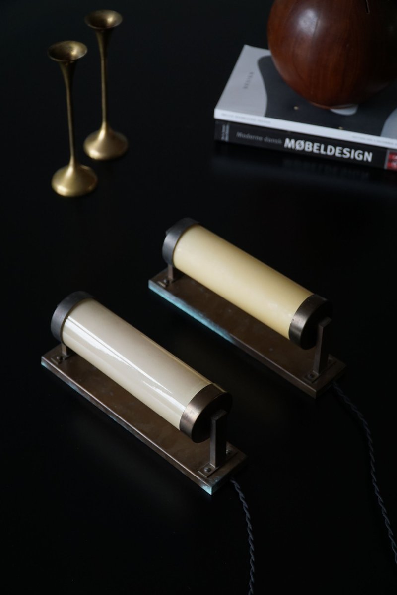 Danish Modern Art Deco Wall Lights in Copper & Glass, 1920s, Set of 2