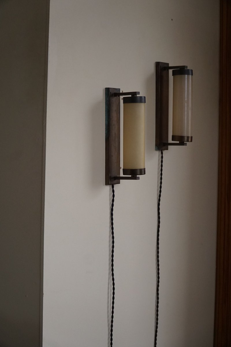 Danish Modern Art Deco Wall Lights in Copper & Glass, 1920s, Set of 2