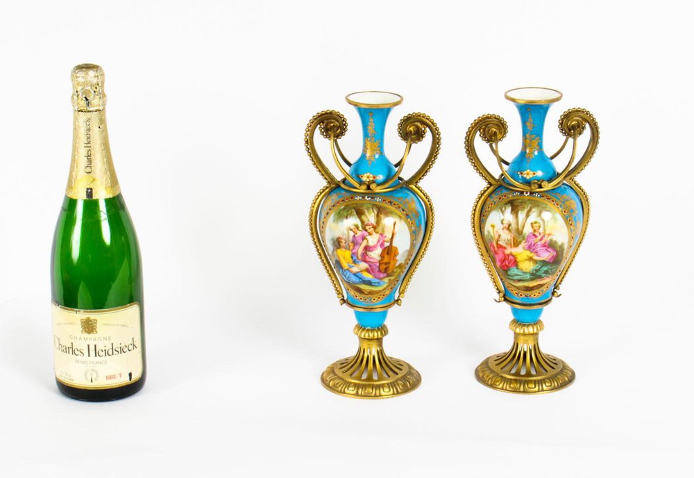19th Century French Ormolu Mounted Bleu Celeste Sèvres Vases, Set of 2