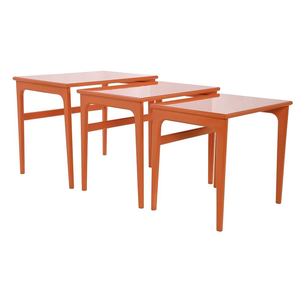 Orange Lacquered Wood Nesting Coffee Tables, Set of 3 for sale at Pamono