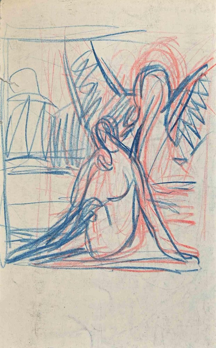 Leda and the Swan, Original Drawing in Pastel, Mid 20thCentury for