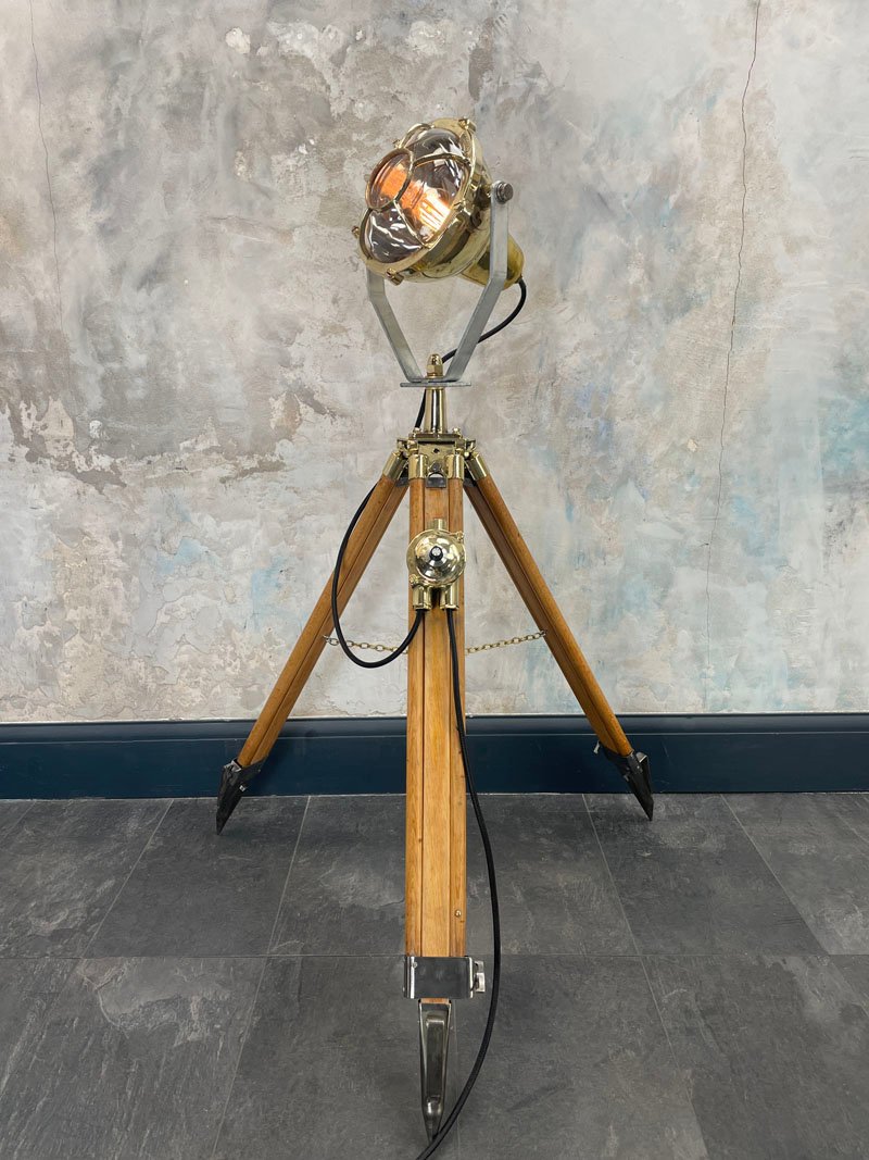Spanish Brass Projector Floor Lamp on British Tripod by Mateo Miletich