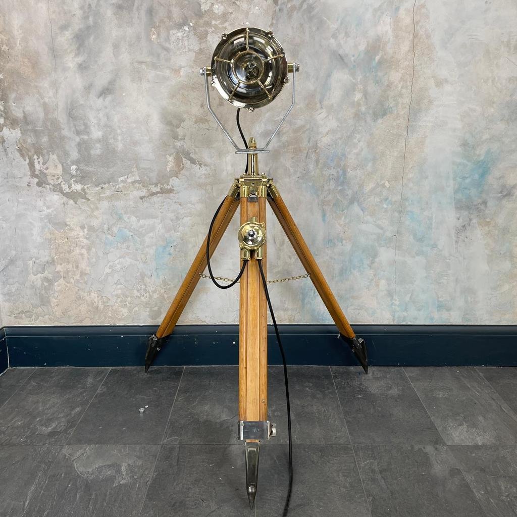Spanish Brass Projector Floor Lamp on British Tripod by Mateo Miletich