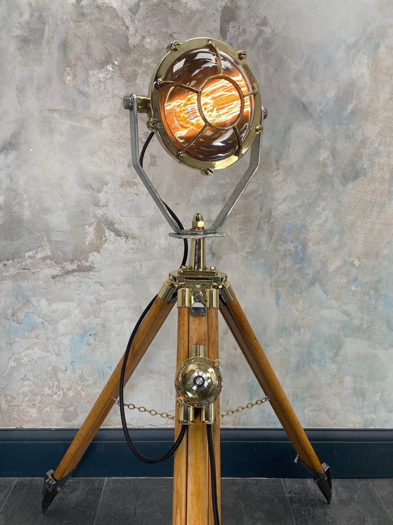 Spanish Brass Projector Floor Lamp on British Tripod by Mateo Miletich