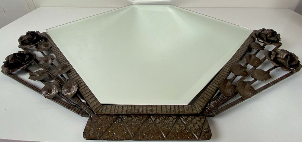 French Art Deco Mirror in Wrought Iron with Hand-Forged Roses and Facet ...