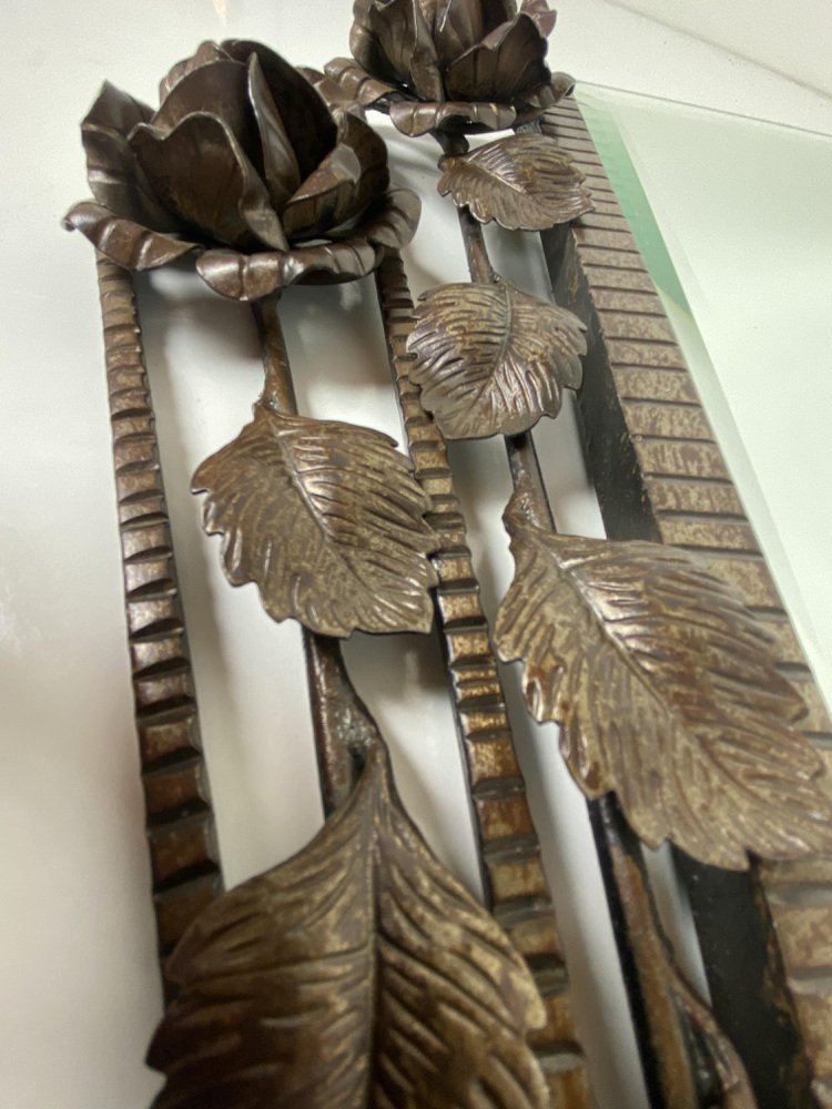French Art Deco Mirror in Wrought Iron with Hand-Forged Roses and Facet ...