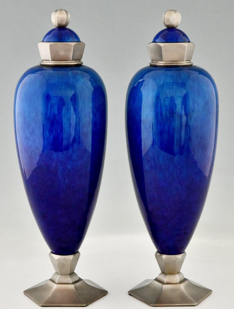 Art Deco Vases in Blue Ceramic and Bronze by Paul Milet for Sèvres
