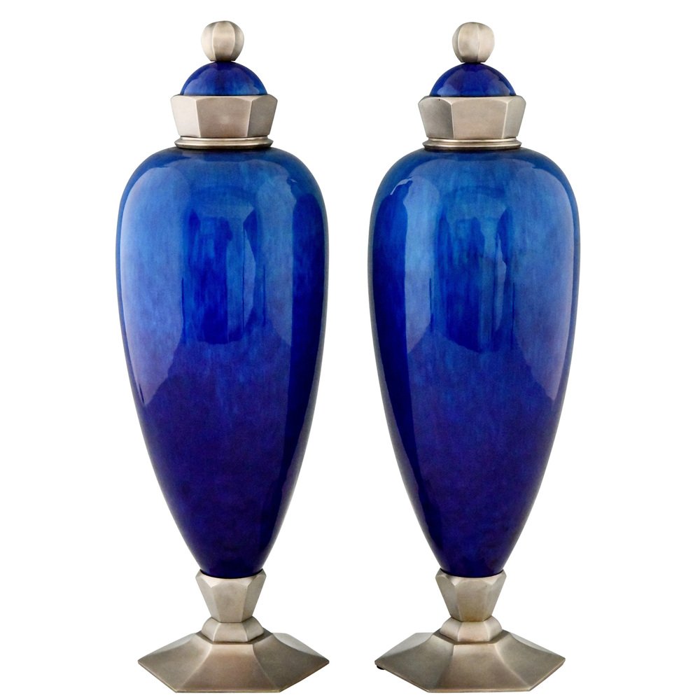 Art Deco Vases in Blue Ceramic and Bronze by Paul Milet for Sèvres