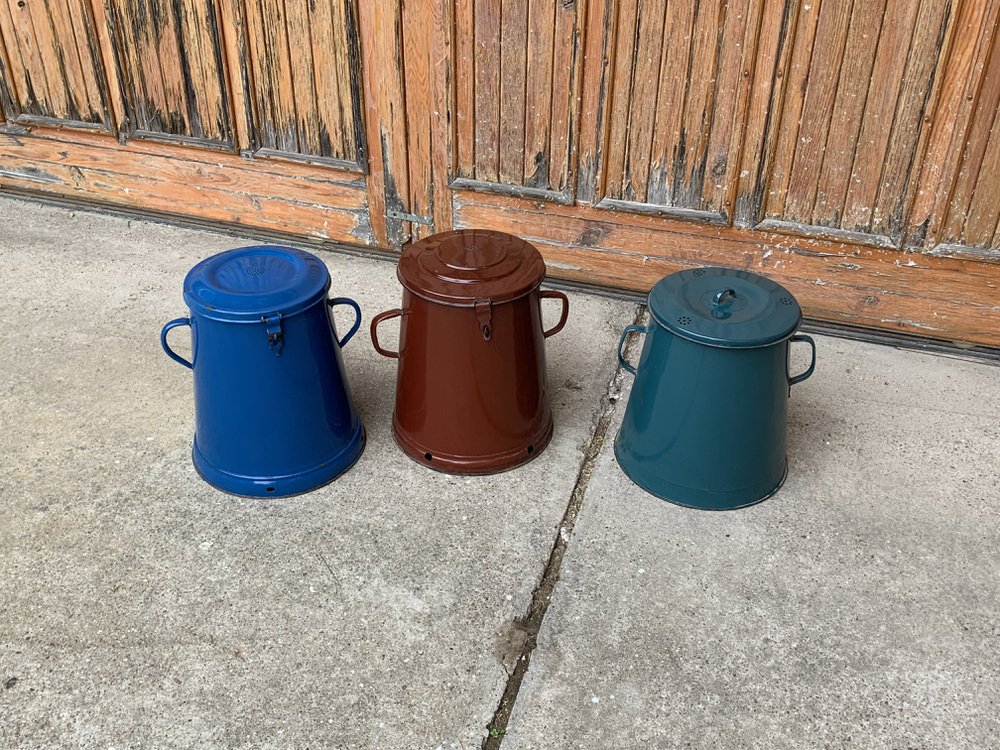 Mid-Century Blue Enamel Bins, 1950s, Set of 3 for sale at Pamono