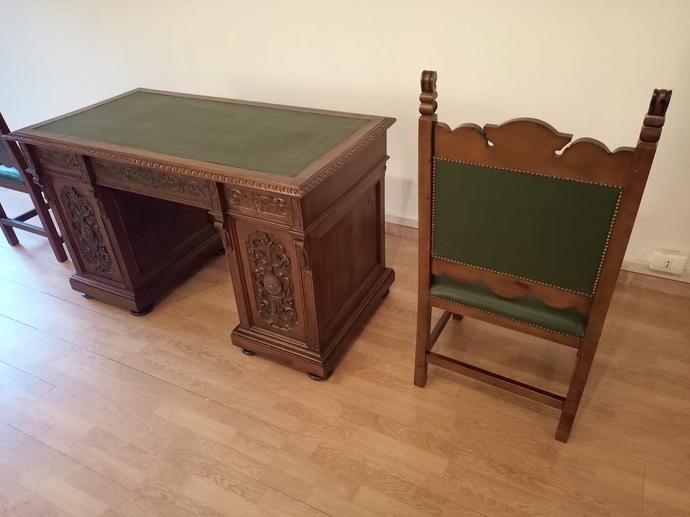 Antique Office Desk with Chairs in Walnut and Leather, Set of 3 for
