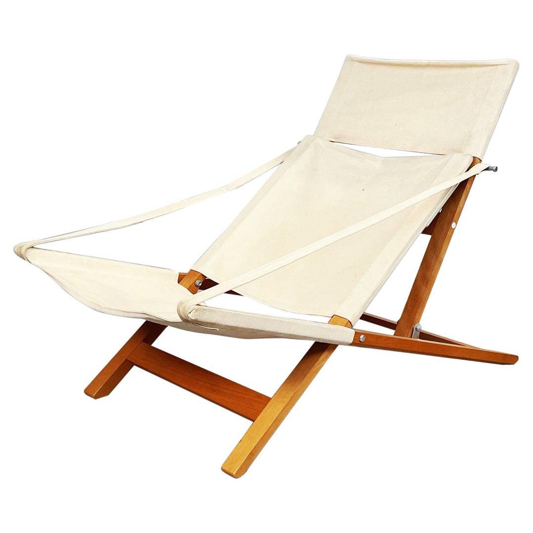 mid century folding deck chair in wood and cream fabric by cado denmark 1960s GDD-1294417