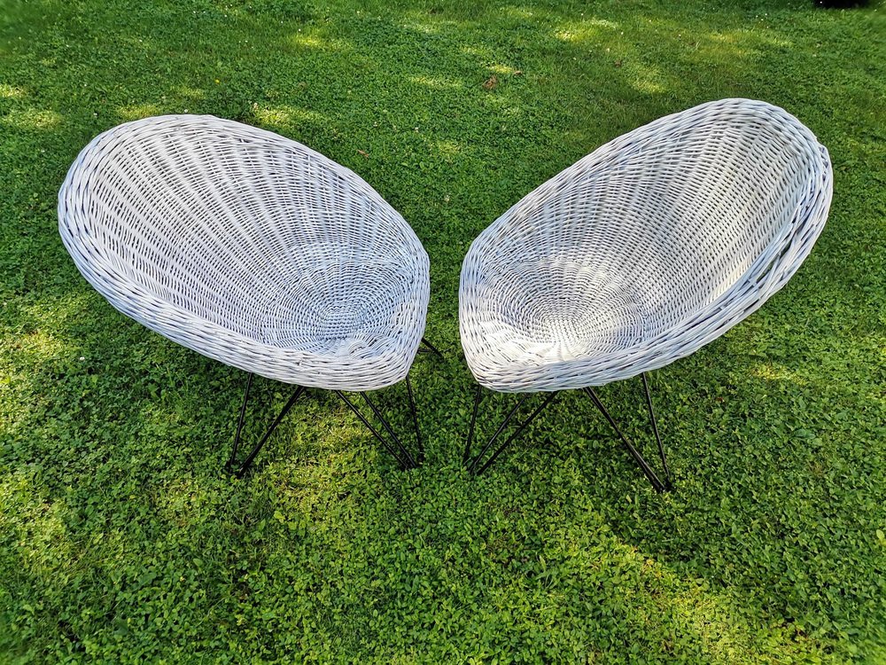 MidCentury Modern Yugoslavian Basket Wicker Chairs with Hairpin Metal