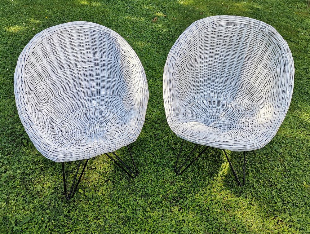 MidCentury Modern Yugoslavian Basket Wicker Chairs with Hairpin Metal