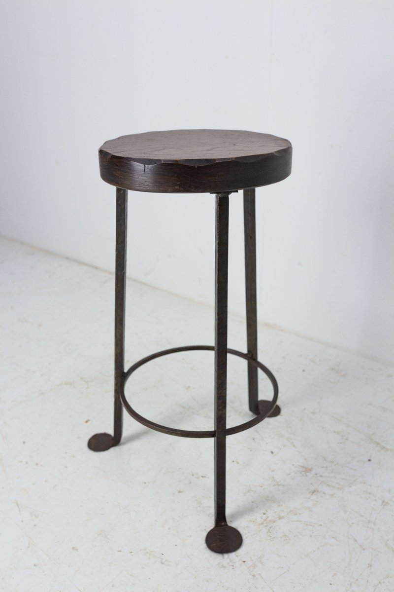 Spanish Breakfast Bar Stool in Elm Top and Wrought Iron, 1960 for sale at Pamono