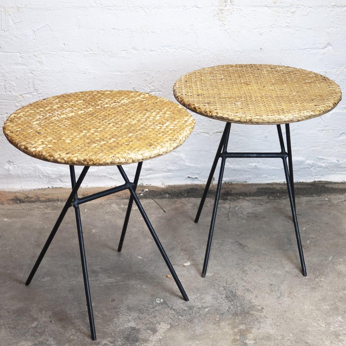 Vintage Metal and Wicker Rattan Folding Side Tables for Habitat, 1990s