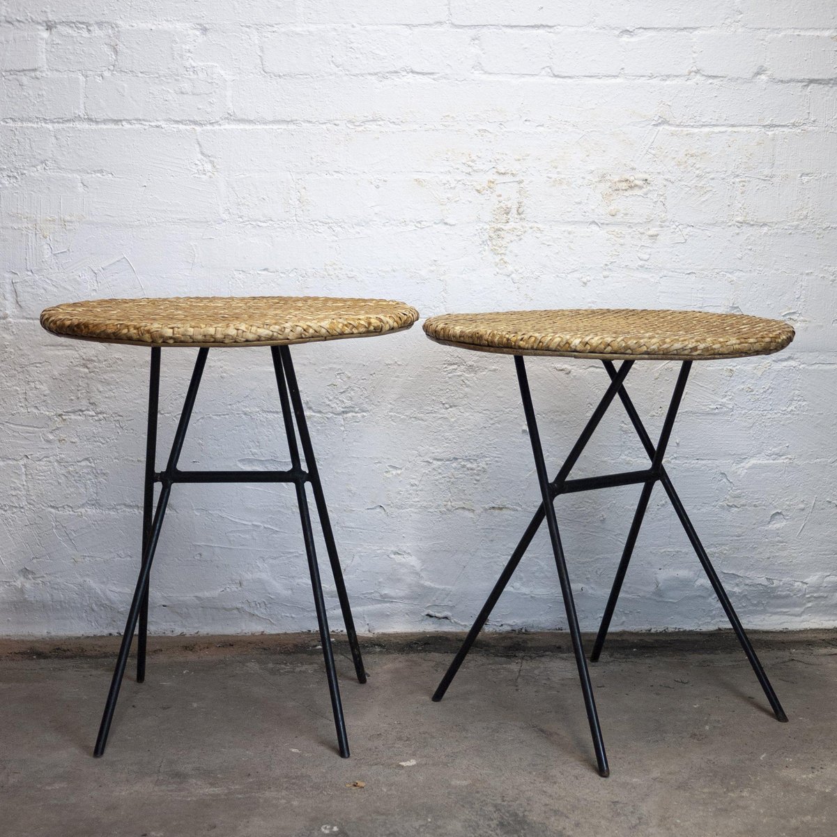 Vintage Metal and Wicker Rattan Folding Side Tables for Habitat, 1990s
