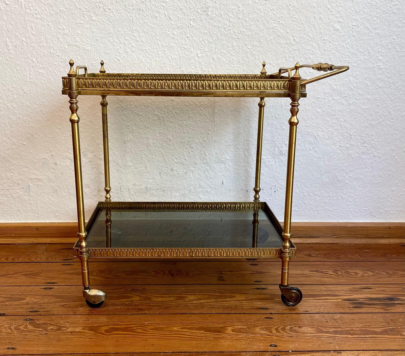 Neoclassical Brass Bar Cart with Removable Tray for sale at Pamono
