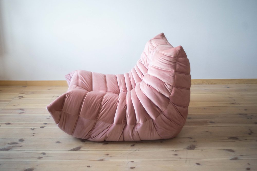 Togo Lounge Chair in Pink Pearl Velvet Fabric by Michel Ducaroy for