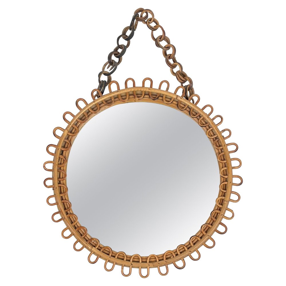 MidCentury Italian Wall Mirror in Rattan and Bamboo with Chain, 1960s