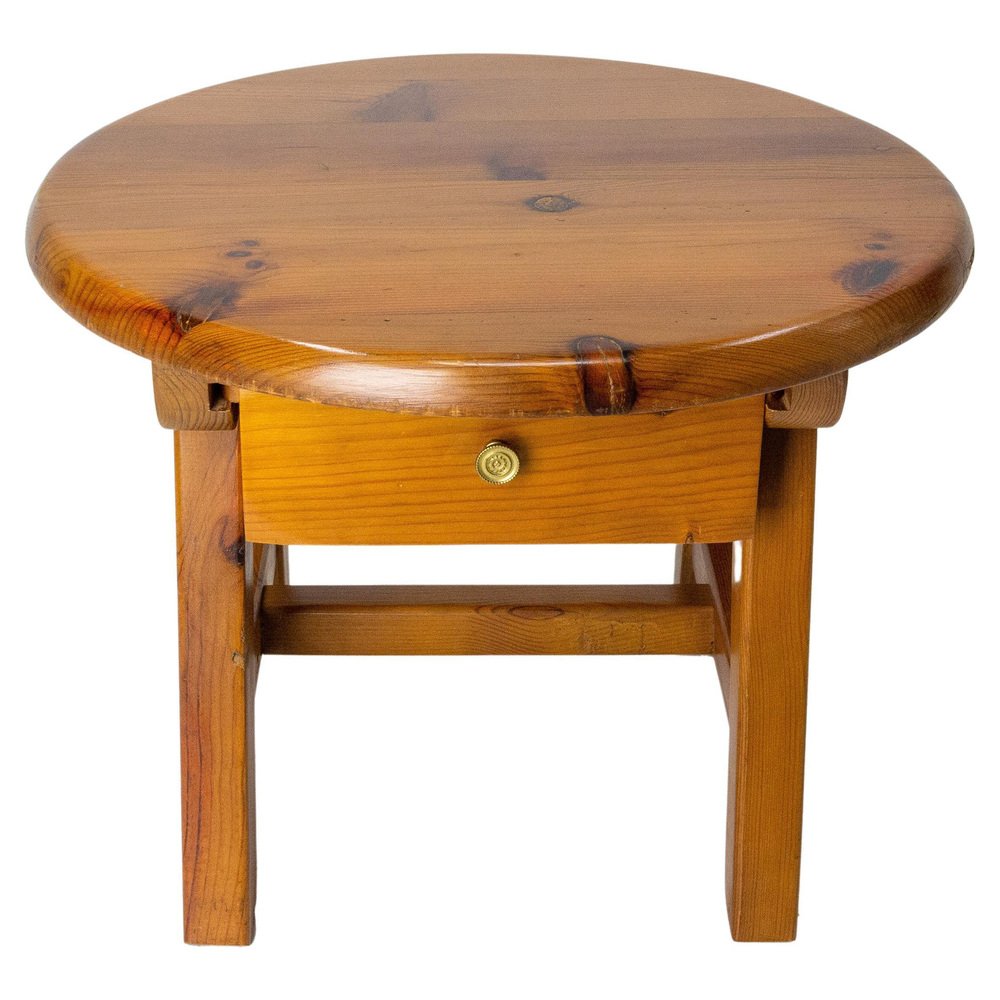 French Round Pine Coffee Table with Drawer, 1970s for sale at Pamono