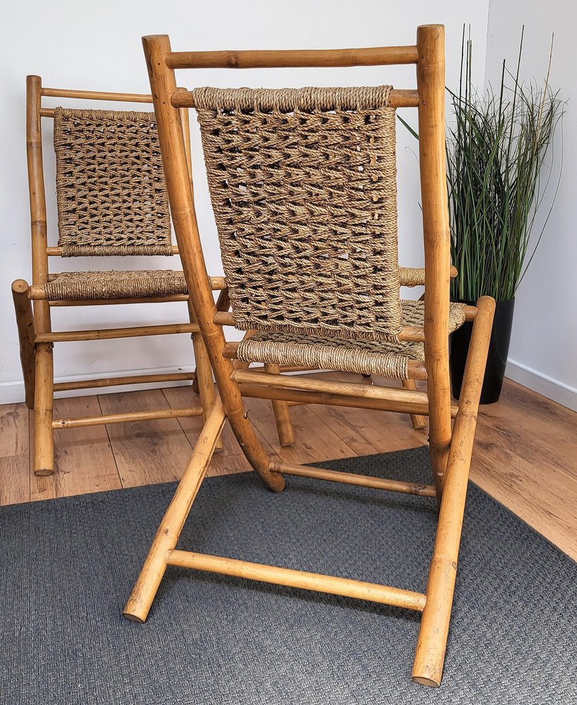 MidCentury Italian Wood and Cord Woven Rope Folding Chairs, 1960s, Set