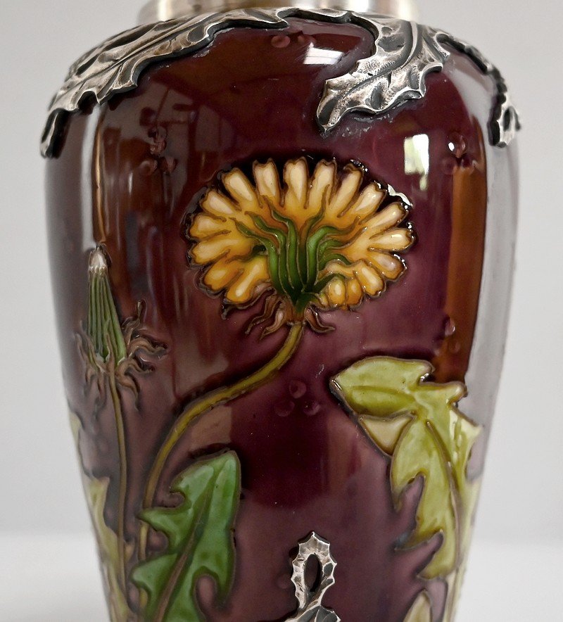 Art Nouveau Les Pissenlits Vase in Silver and Enameled Ceramic from De