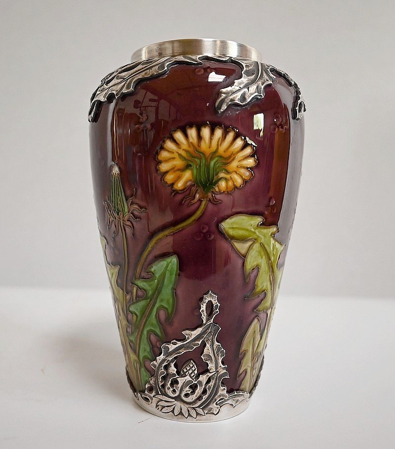 Art Nouveau Les Pissenlits Vase in Silver and Enameled Ceramic from De