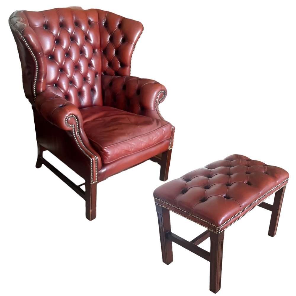 English Tufted Red Leather Wingback Chair and Ottoman, Set of