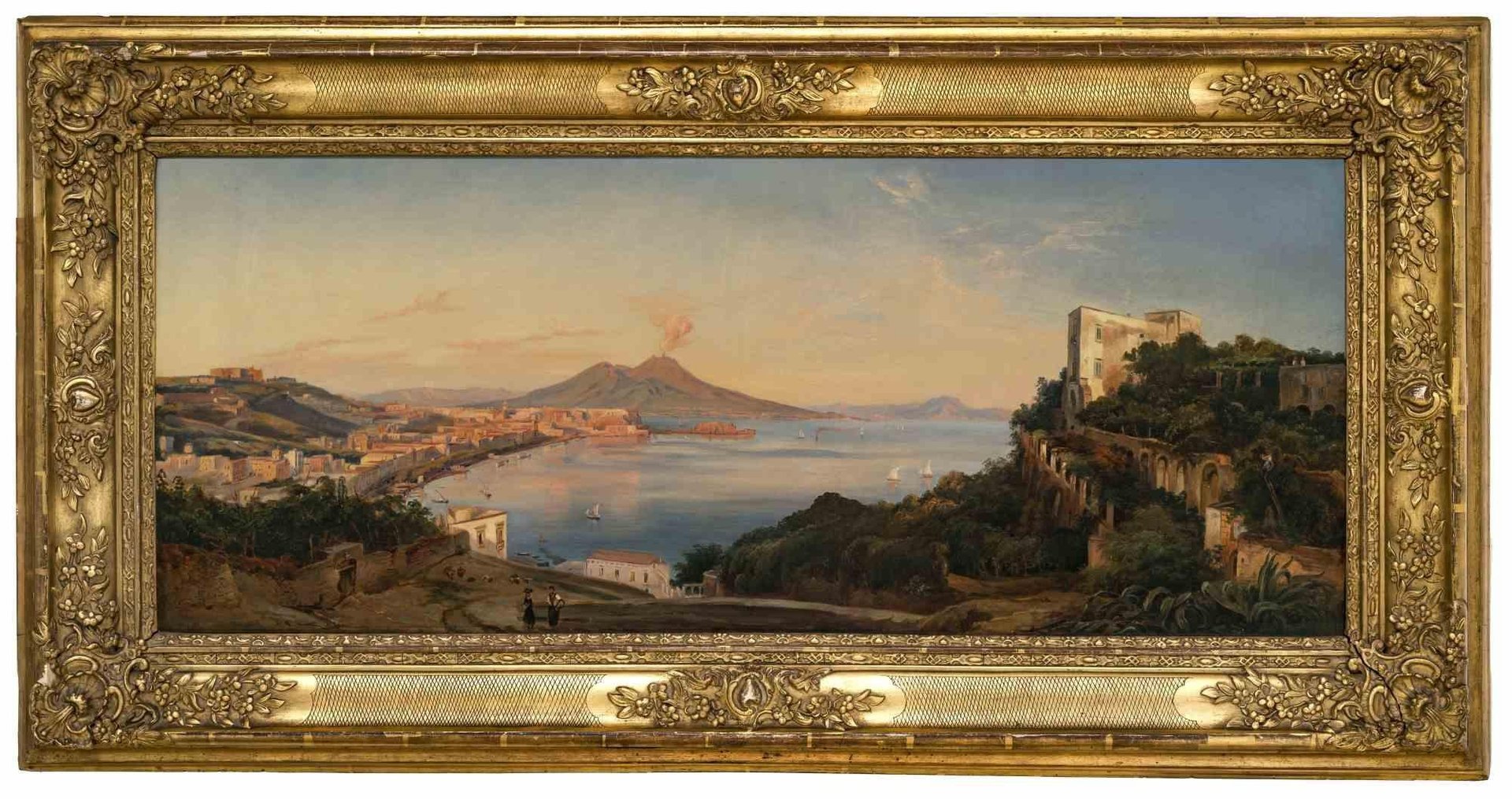 Ancient View of the Bay of Naples, Original Oil Painting, 19thCentury