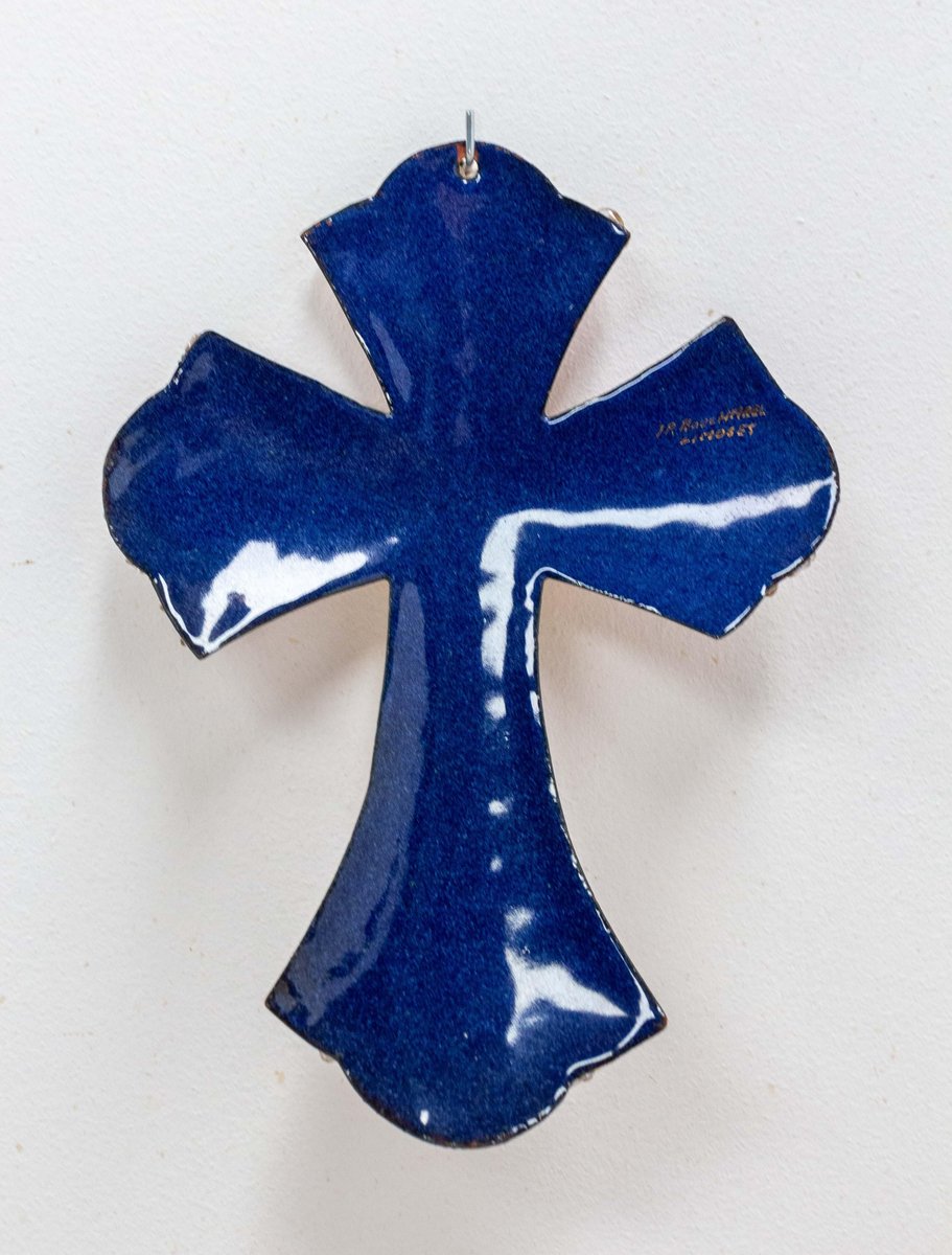 MidCentury French Wall Jesus Cross in Pink Enameled Copper from