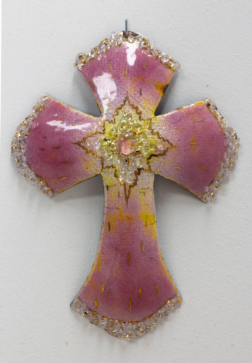 MidCentury French Wall Jesus Cross in Pink Enameled Copper from