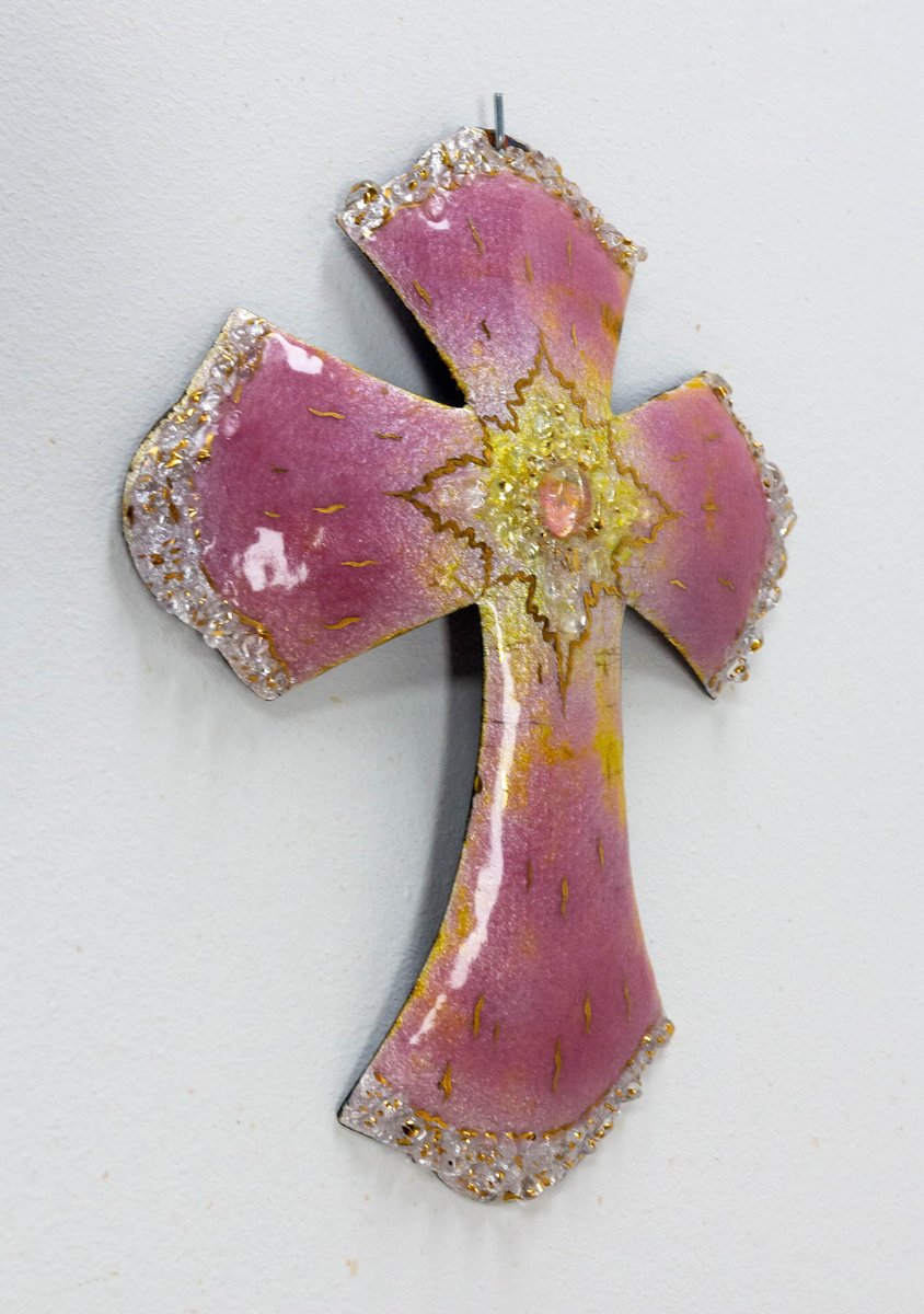 MidCentury French Wall Jesus Cross in Pink Enameled Copper from