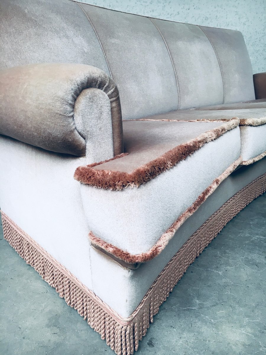 Vintage Velvet Curved Sofa with Fringe, 1950s for sale at Pamono