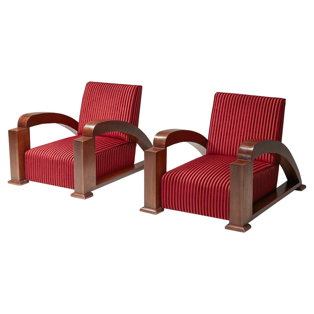 Art Deco French Red Stripped Velvet Lounge Chairs, Set of 2 for sale at