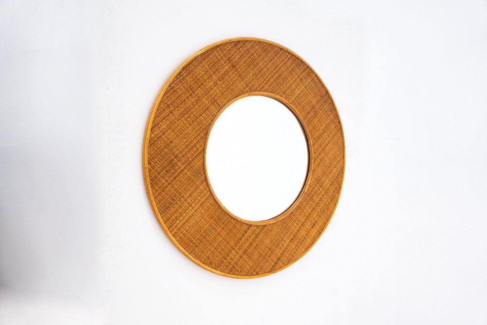 Contemporary Italian Rattan Round Mirror for sale at Pamono