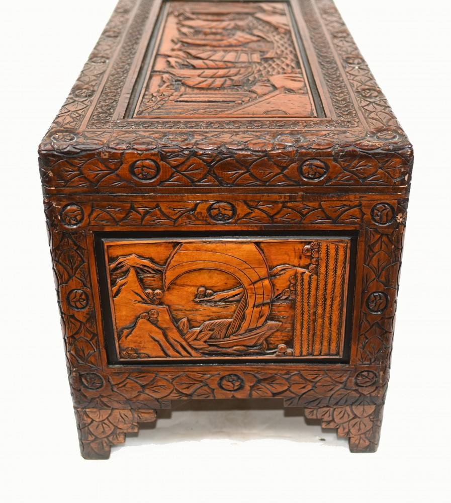 Antique Chinese Carved Camphor Wood Chest for sale at Pamono