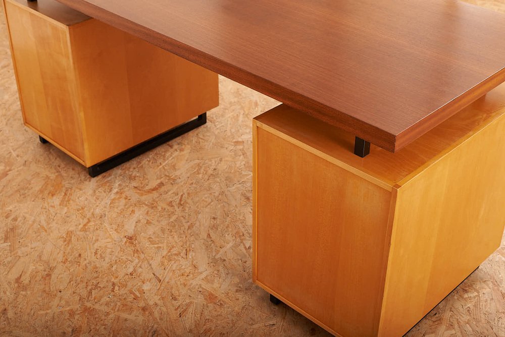2Part Model 10 Draft Desk with Drawers in Maple, & Teak Veneer Top