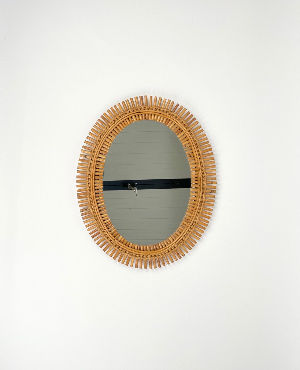 MidCentury Rattan & Bamboo Oval Wall Mirror, Italy, 1960s for sale at