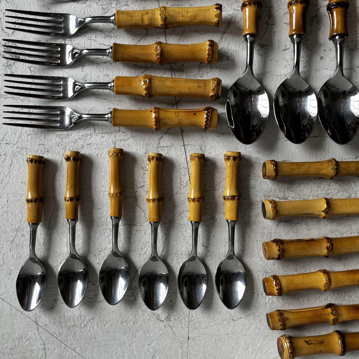 MidCentury Japanese Cutlery Set with Bamboo Handles, Set of 24 for