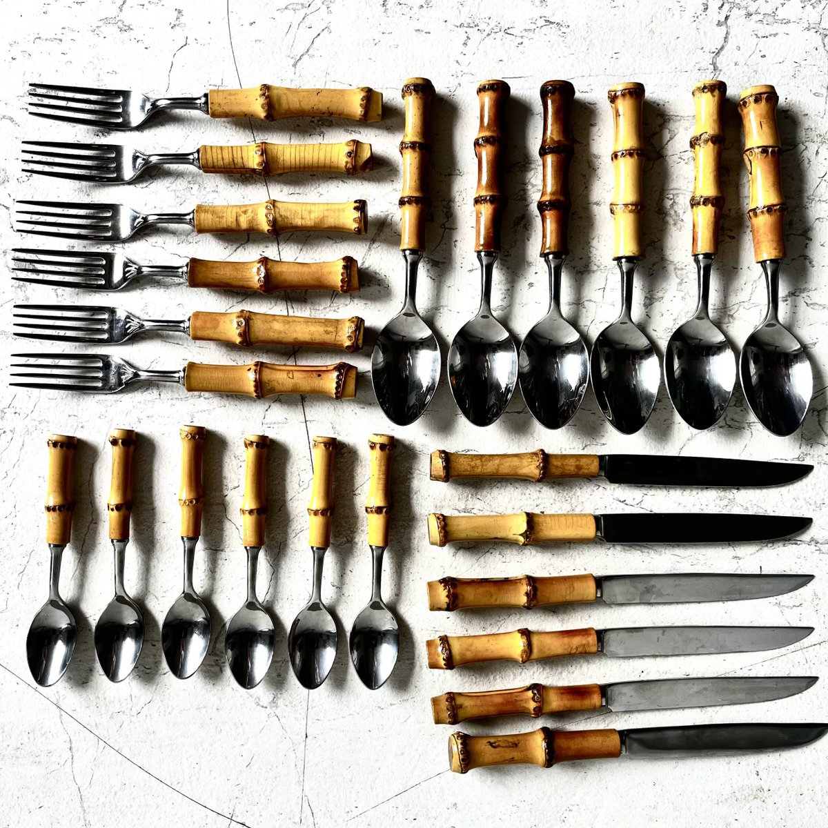 MidCentury Japanese Cutlery Set with Bamboo Handles, Set of 24 for