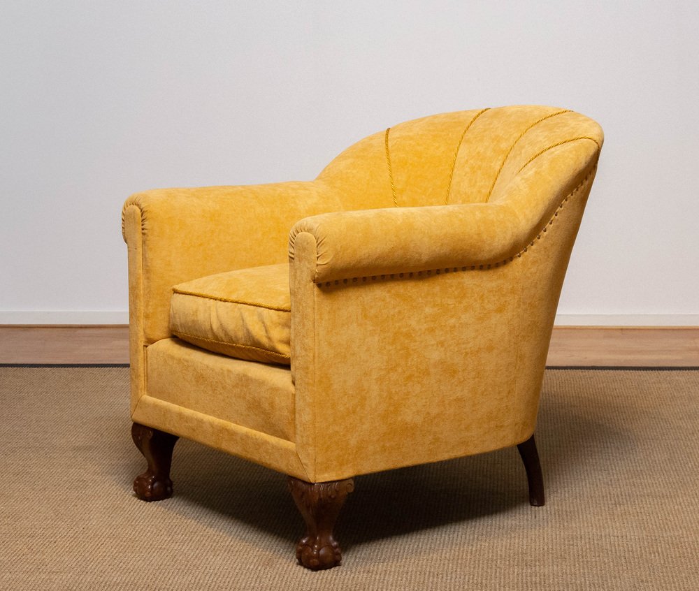 Art Deco Yellow Velvet Lounge Chair in the style of Carl Johanson