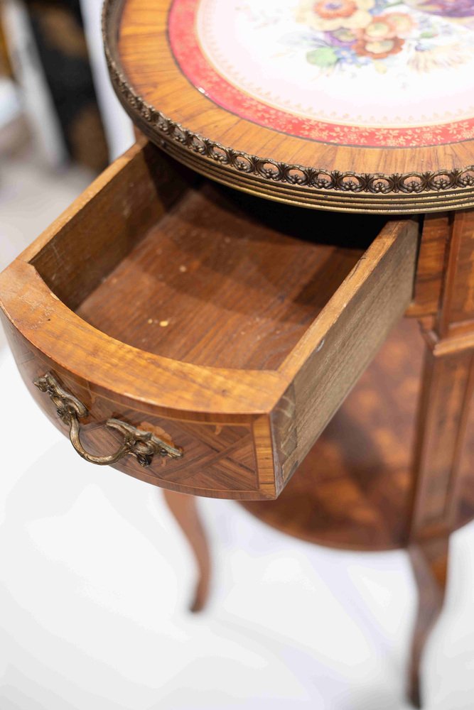 Antique Marquetry Coffee Table with Porcelain Tray, 19th Century for