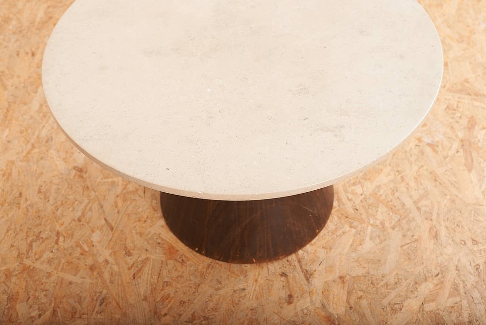 Side Table with Solid Dark Stained & Lacquered Wood Base & Travertine Top for sale at Pamono